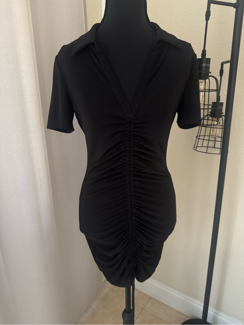 Alice + Olivia Marsha Ruched Polo Mini Dress Black XS TP Bodycon Collared - Picture 2 of 8
